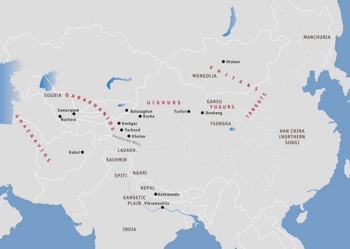 الخريطة السادسة والعشرين: آسيا الوسطى إبَّانَ الغزو القراخاني لخوتان. ١٠٠٠ ق.م. تقريبًا