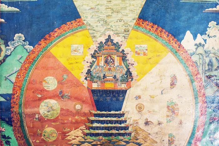 सेरा मठ, तिब्बत में ब्रह्मांड के मंडल का एक भित्ति चित्र, तिब्बत, 2015